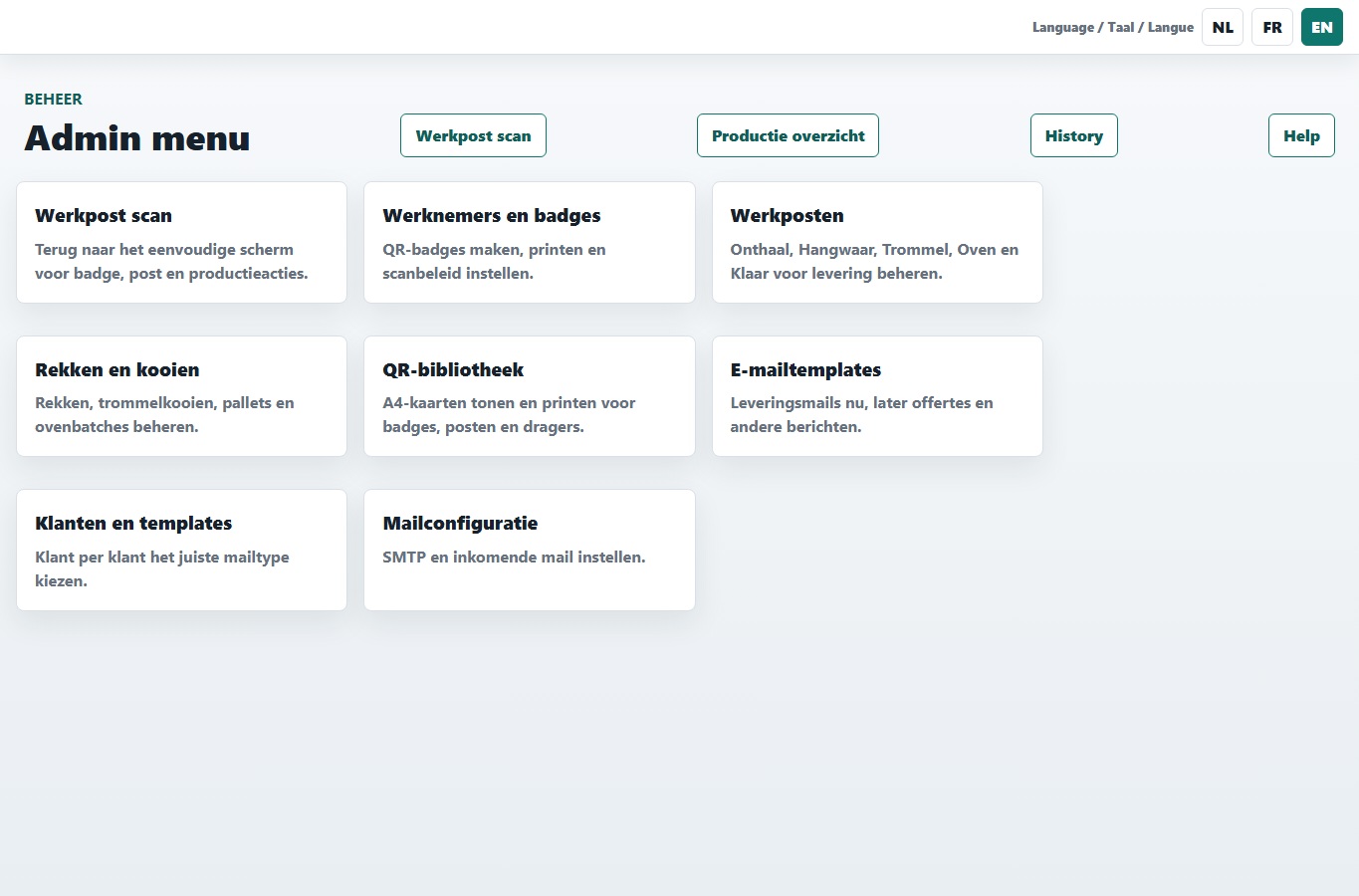 Admin startpagina met beheer tegels