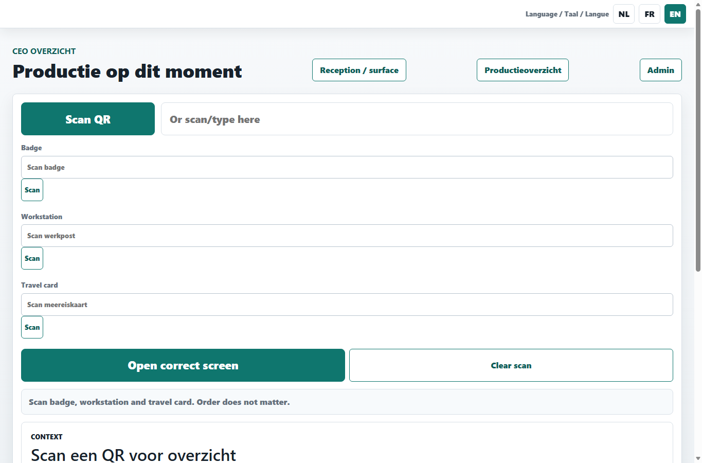 Productieoverzicht met meldingen en actieve kaarten