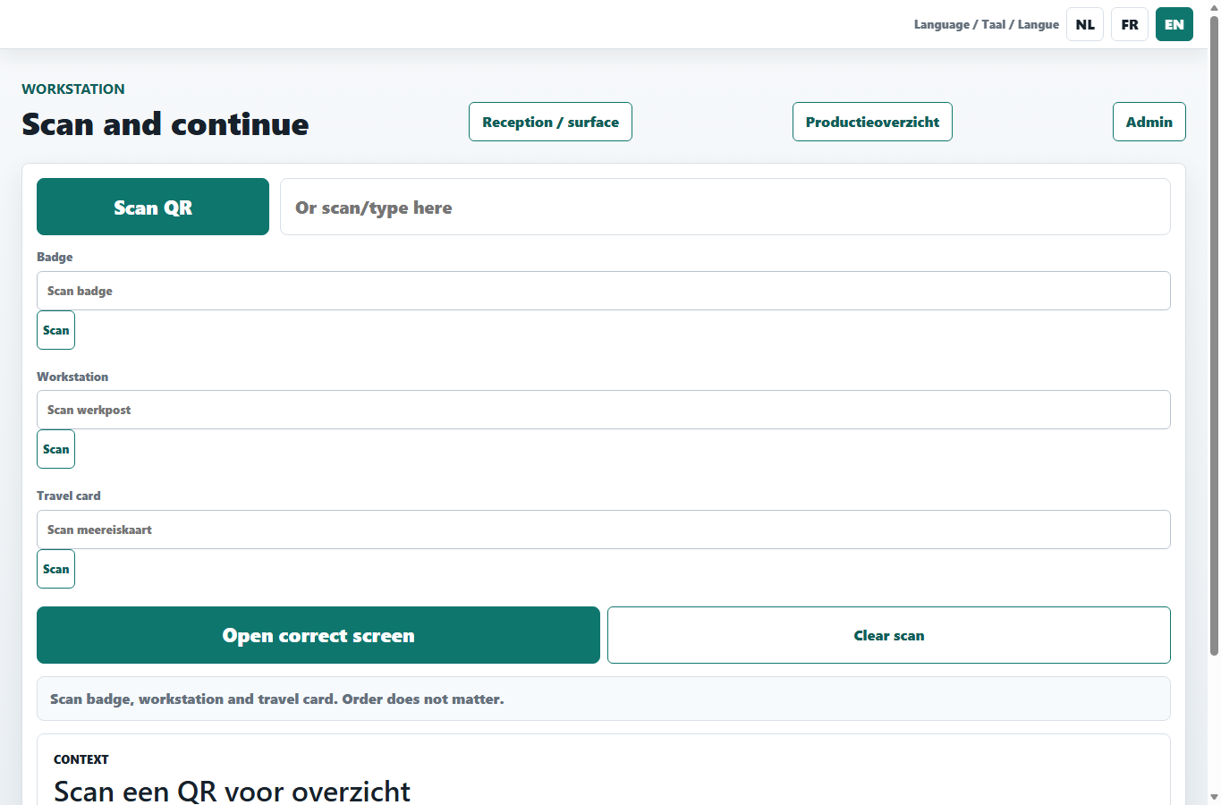Productie startscherm met QR scan en contextblok